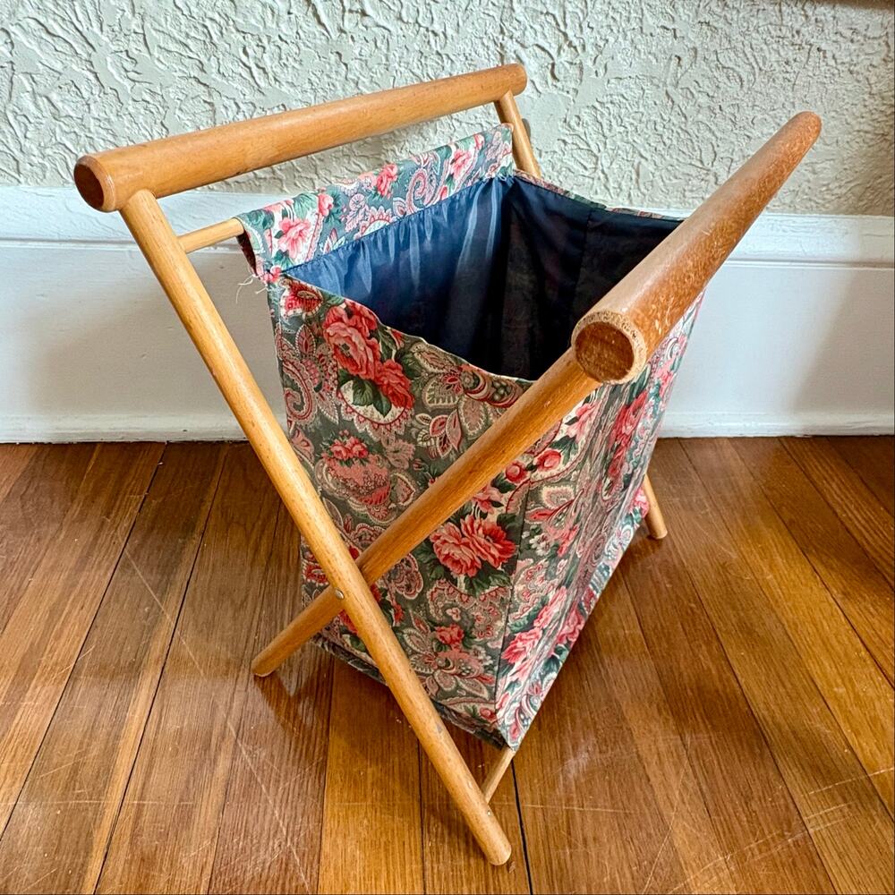 Vintage Folding Sewing Basket, Floral Fabric Wood Frame Tote